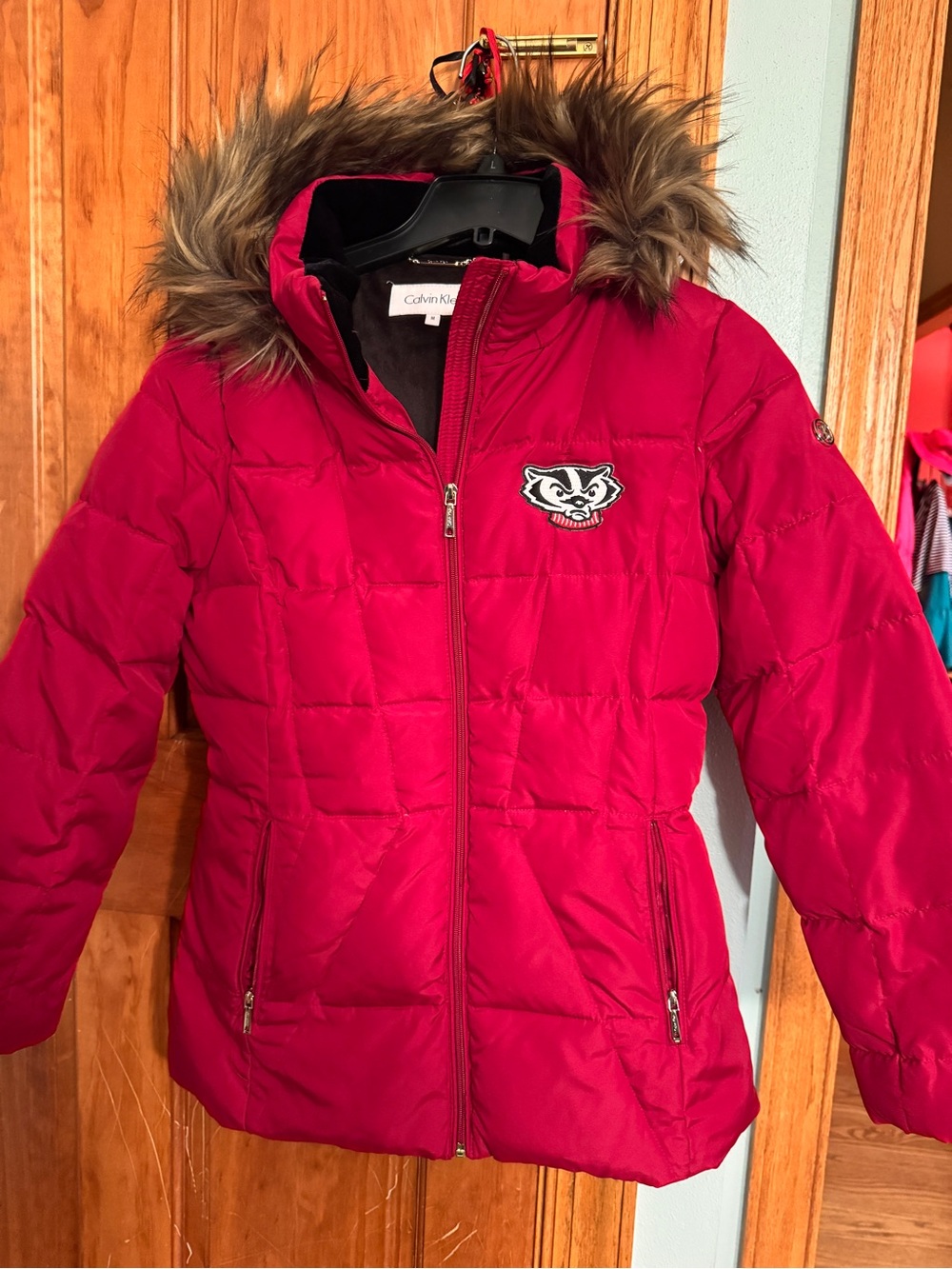 Calvin Klein Red Women's Puffer Jacket with Faux-Fur Trimmed Hood